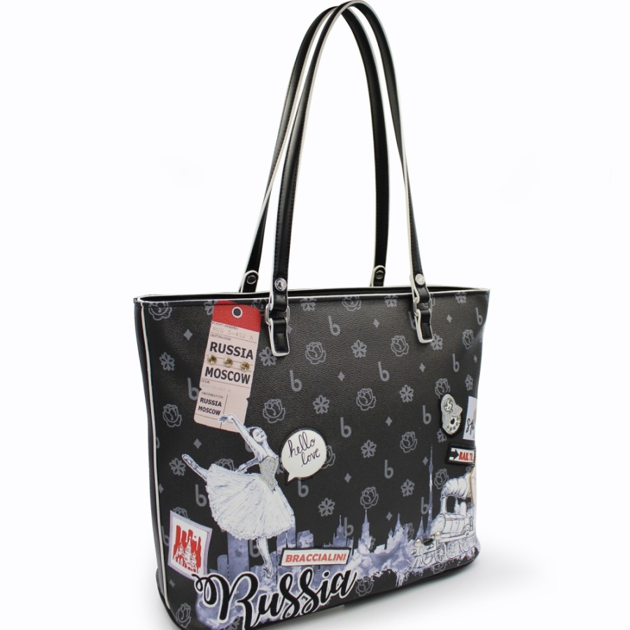 Sacs Pour Dames Braccialini | Sac Shopping Braccialini Avec Appliques Et Broderies, Theme Russie, Couleur Noire B16406