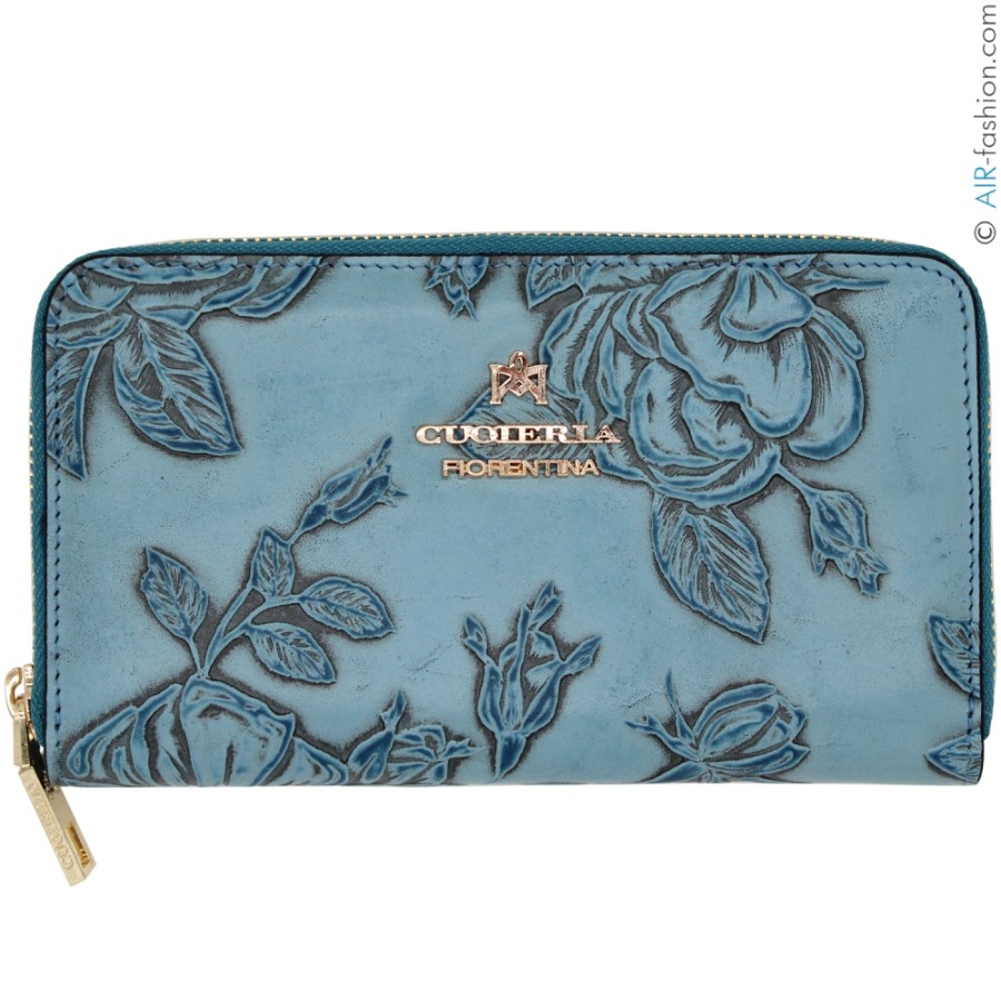 Accessoires Pour Dames Cuoieria Fiorentina | Cuoieria Fiorentina Portefeuille Zippe En Cuir Bleu Clair Avec Roses En Relief, Fabrique En Italie P0000D1014385_Celeste