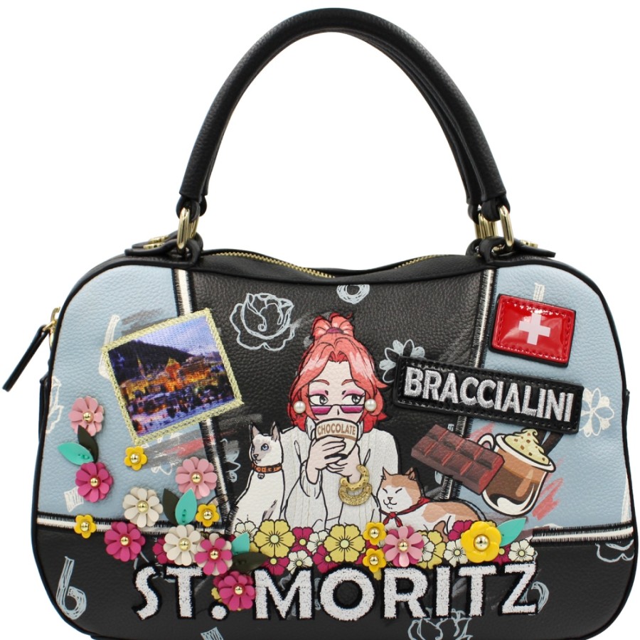 Sacs Pour Dames Braccialini | Sac Cartable Noir Braccialini Avec Image De Carte Postale D'Hiver De Saint-Moritz B16802