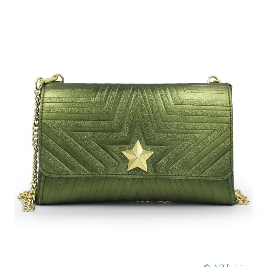 Sacs Pour Dames M*BRC | M*Brc Pochette En Cuir Metallise Vert Avec Bandouliere En Chaine F223_Verde