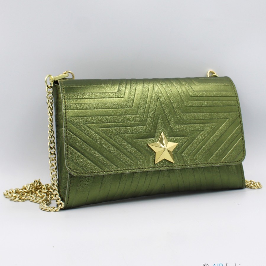 Sacs Pour Dames M*BRC | M*Brc Pochette En Cuir Metallise Vert Avec Bandouliere En Chaine F223_Verde