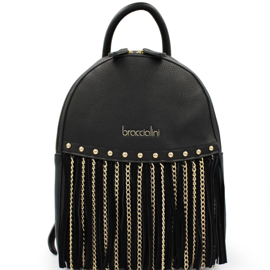 Sacs Pour Dames Braccialini | Sac A Dos Noir Pour Femme Braccialini Rock, Avec Franges Et Chaines B16214