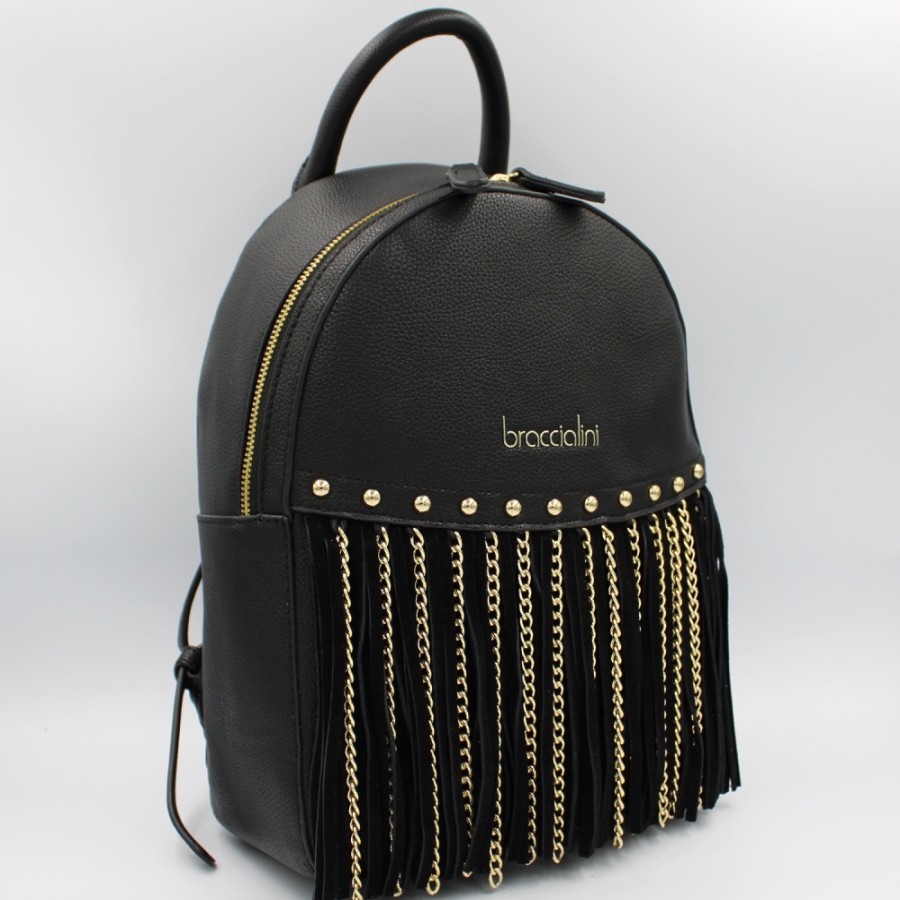 Sacs Pour Dames Braccialini | Sac A Dos Noir Pour Femme Braccialini Rock, Avec Franges Et Chaines B16214