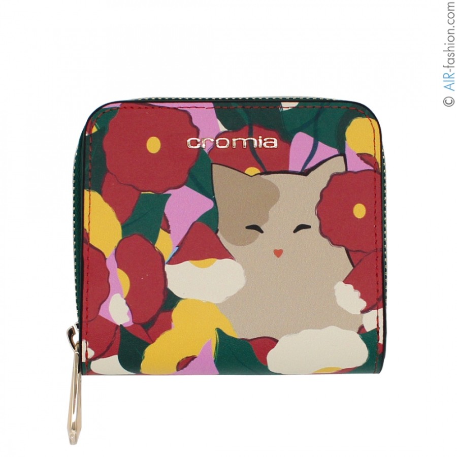 Accessoires Pour Dames Cromie | Petit Portefeuille Zippe En Cuir Cromia Avec Motif Floral Et Chat 26A1310