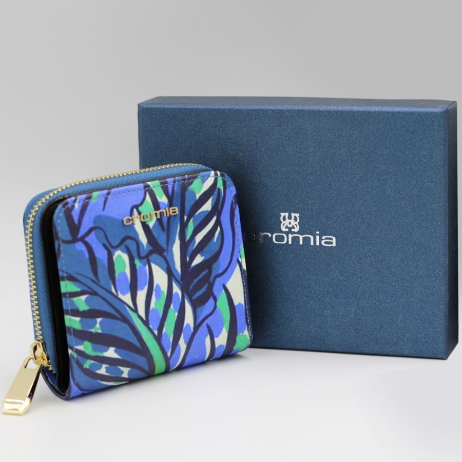 Accessoires Pour Dames Cromie | Cromia Petit Portefeuille Zippe En Cuir Avec Motifs Bleus Exclusifs Sur Le Theme Botanique 26A1183