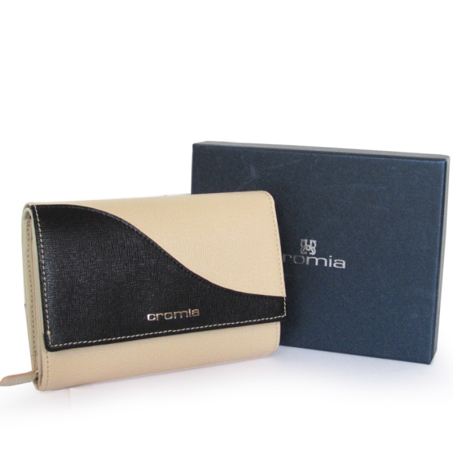 Accessoires Pour Dames CROMIA | Portefeuille En Cuir Beige Et Noir Pour Femme Cromia Fabrique En Italie 2620518-003