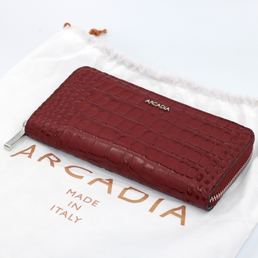 Accessoires Pour Dames ARCADIE | Arcadia Portefeuille Zippe En Cuir Rouge Avec Motif Crocodile Fabrique En Italie 1606