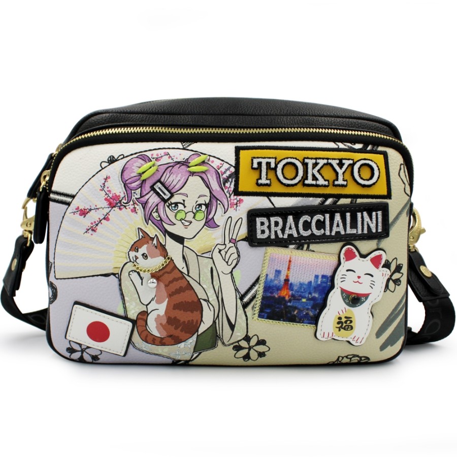 Sacs Pour Dames Braccialini | Braccialini Sac A Bandouliere Beige Et Multicolore Avec Application De Carte Postale De Tokyo B16800