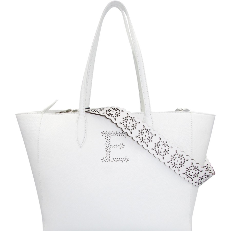 Sacs Pour Dames ERMANNO Ermanno Scervino | Ermanno Ermanno Scervino Elegant Sac Cabas En Cuir Blanc Avec Bandouliere Perforee 12400319