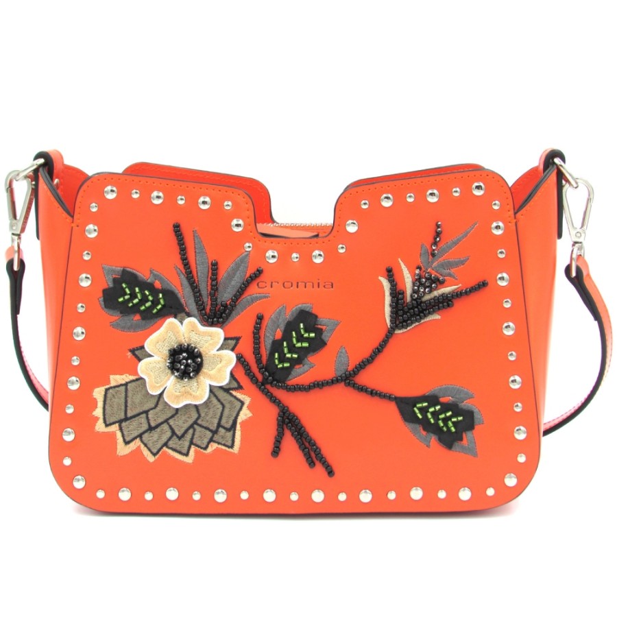 Sacs Pour Dames CROMIA | Cromia Sac Bandouliere En Cuir Orange Avec Appliques De Fleurs Brodees De Perles 1403688