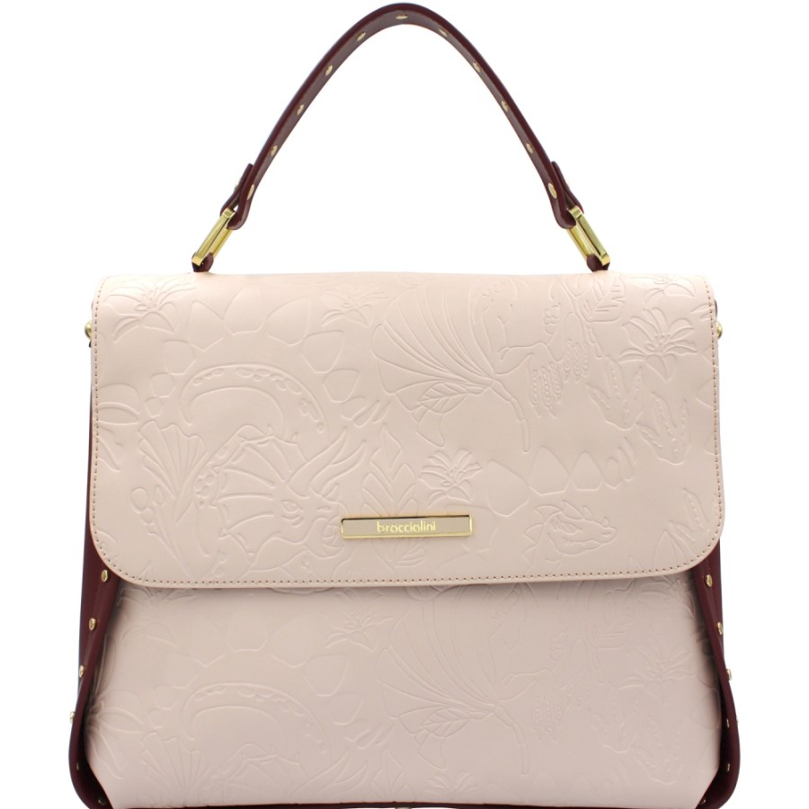 Sacs Pour Dames Braccialini | Braccialini Sac Cartable En Cuir Couleur Rose Poudre Et Prune Avec Motif En Relief B13662