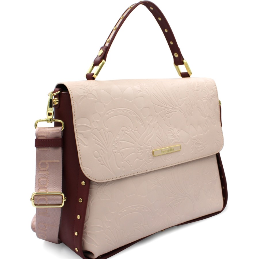 Sacs Pour Dames Braccialini | Braccialini Sac Cartable En Cuir Couleur Rose Poudre Et Prune Avec Motif En Relief B13662