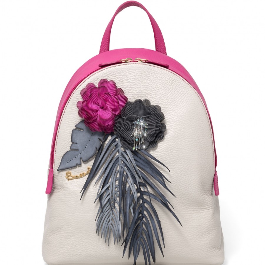 Sacs Pour Dames Braccialini | Braccialini Sac A Dos En Cuir Gris Et Fuchsia Avec Applique De Fleurs Fabrique En Italie B13613-Gr