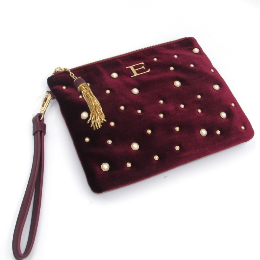 Sacs Pour Dames ERMANNO Ermanno Scervino | Ermanno Ermanno Scervino Pochette En Velours Bordeaux Avec Perles 12400611Bord