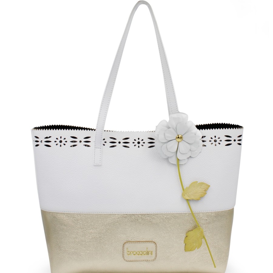 Sacs Pour Dames Braccialini | Braccialini Sac Cabas En Cuir Bicolore Blanc Et Dore Avec Fleur B16641-001