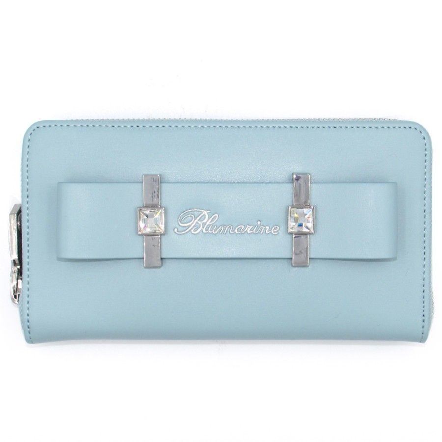 Accessoires Pour Dames Blumarine | Portefeuille Zippe En Cuir Bleu Clair Pour Femme Blumarine Avec Noeud Et Cristaux B91Pwb081923