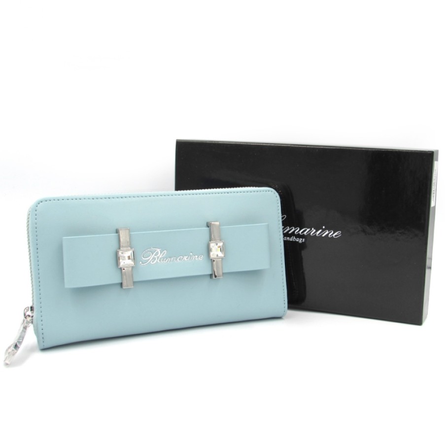 Accessoires Pour Dames Blumarine | Portefeuille Zippe En Cuir Bleu Clair Pour Femme Blumarine Avec Noeud Et Cristaux B91Pwb081923