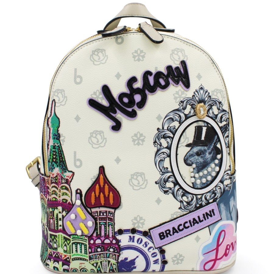 Sacs Pour Dames Braccialini | Braccialini Sac A Dos Pour Femme Avec Applique, Theme : Attractions Touristiques De Moscou, Couleur Creme B16117