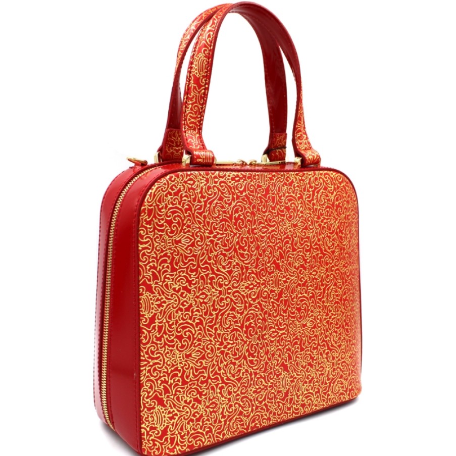 Sacs Pour Dames Gilda Tonelli | Gilda Tonelli Sac En Cuir Rouge Avec Ornement Arabesque Dore Fabrique En Italie 4402