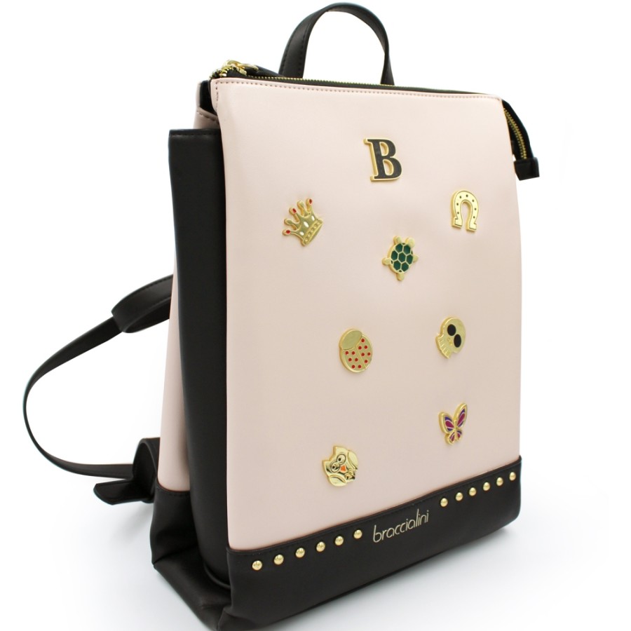 Sacs Pour Dames Braccialini | Sac A Dos Braccialini Bicolore Noir Et Rose Decore De Figures Metalliques B14364