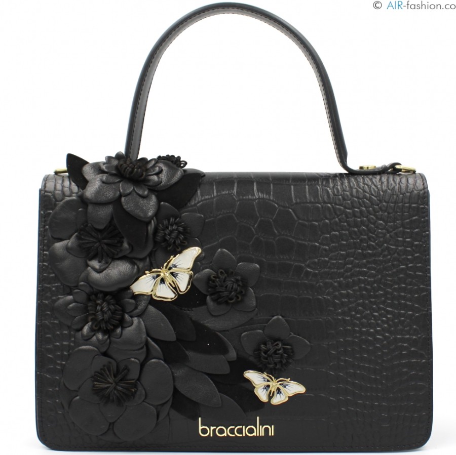 Sacs Pour Dames Braccialini | Braccialini Designer Sac A Main En Cuir Noir Avec Fleurs Et Papillons B17545-Pp-100-Uni