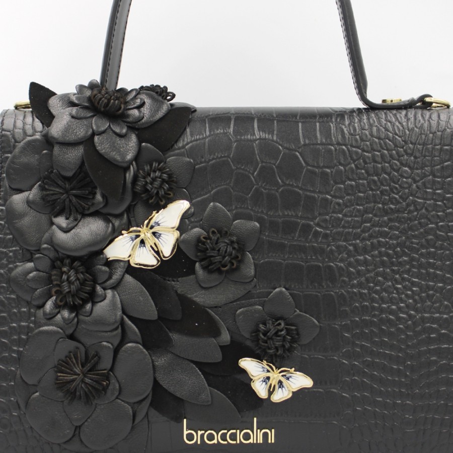 Sacs Pour Dames Braccialini | Braccialini Designer Sac A Main En Cuir Noir Avec Fleurs Et Papillons B17545-Pp-100-Uni