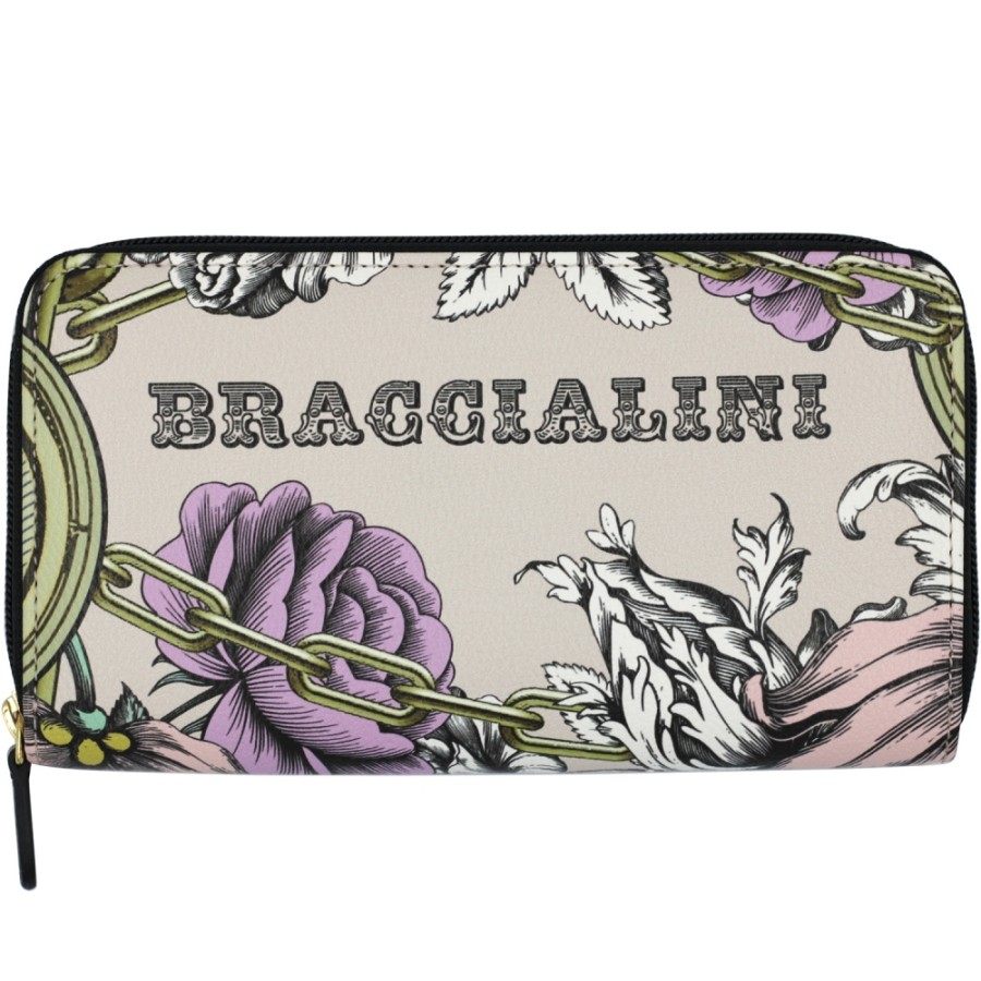 Accessoires Pour Dames Braccialini | Braccialini Portefeuille Zippe, Couleur Creme, Avec Imprime Floral B14350-126-Br