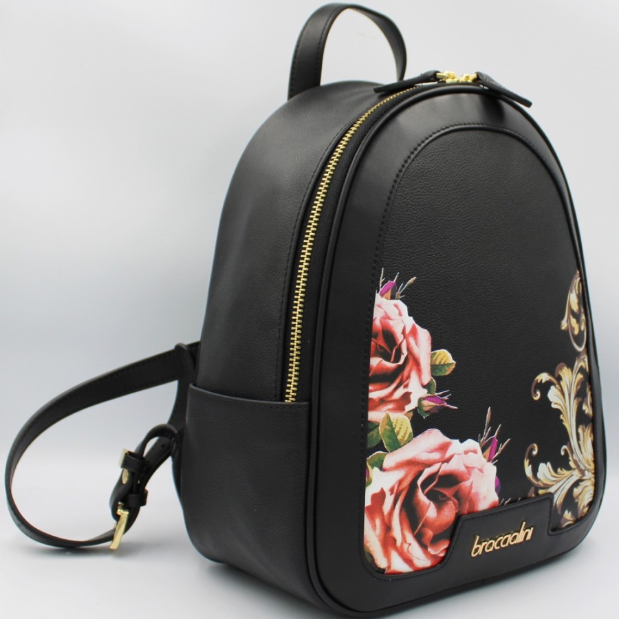 Sacs Pour Dames Braccialini | Braccialini Sac A Dos En Cuir Noir Avec Decoration Vignettes Et Roses B17465-Yy-818-Uni