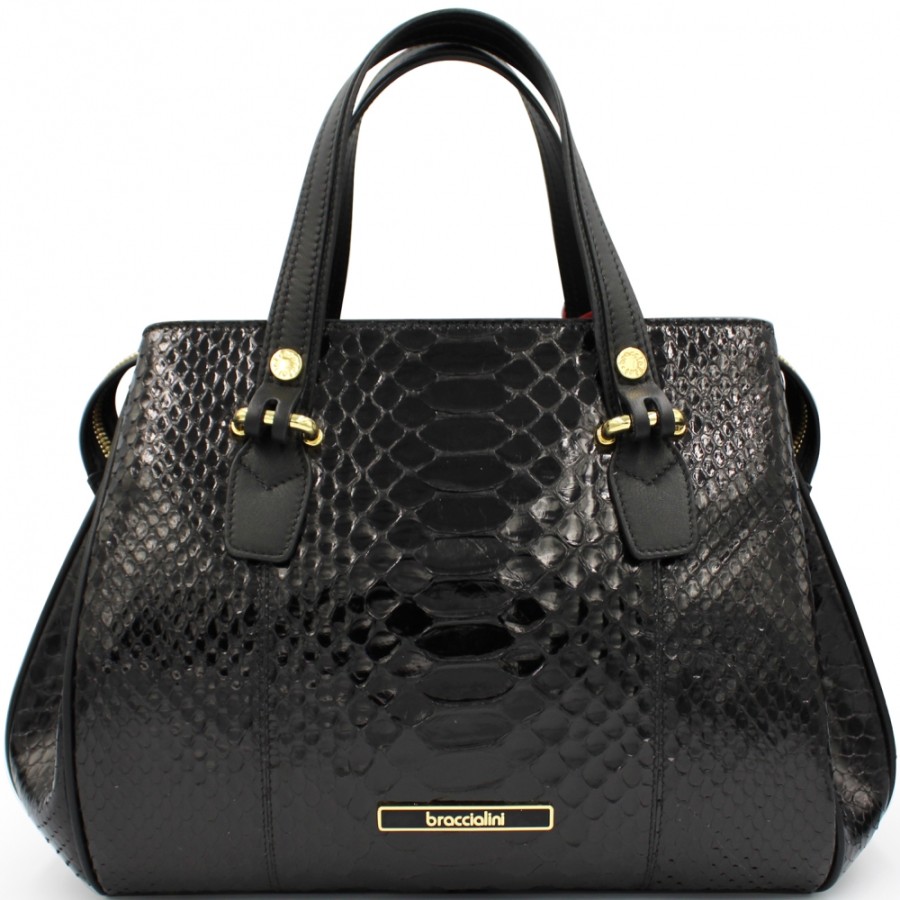 Sacs Pour Dames Braccialini | Braccialini Sac Classique De Createur De Luxe En Cuir Veritable Python Noir Fabrique En Italie B13690