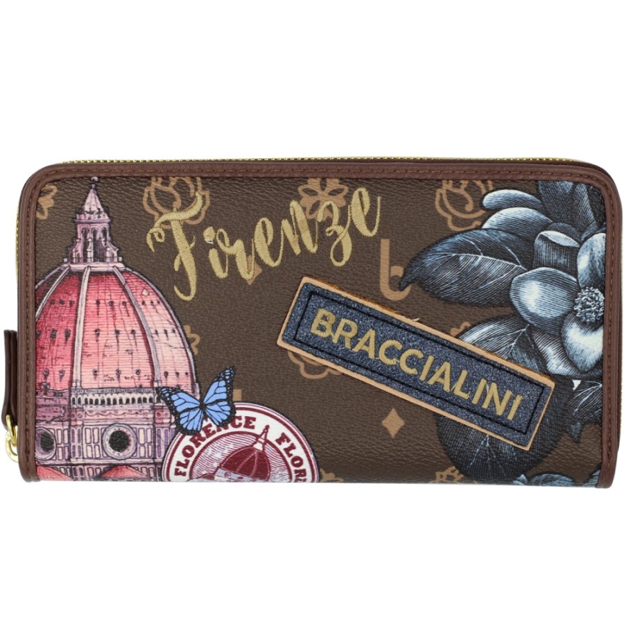 Accessoires Pour Dames Braccialini | Braccialini Portefeuille Zippe Pour Femme, Marron Avec Applique, Theme : Attractions Touristiques De Florence B16294_126-Ca