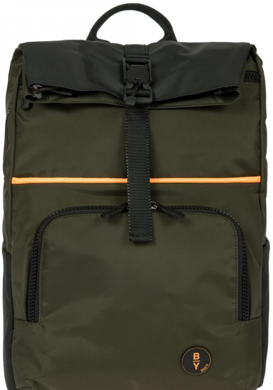 Sacs Pour Hommes BRIC'S PAR | Bric'S By Sac A Dos Pour Homme En Nylon Olive Et Noir Avec Ouverture A Enroulement Et Bande Led B3Y04493