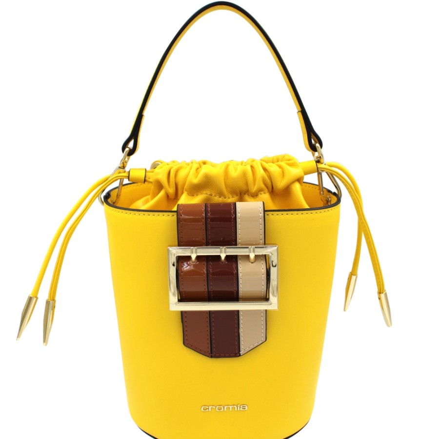 Sacs Pour Dames Cromie | Cromia Mini Sac Seau En Cuir Jaune Avec Boucle 8051978055785