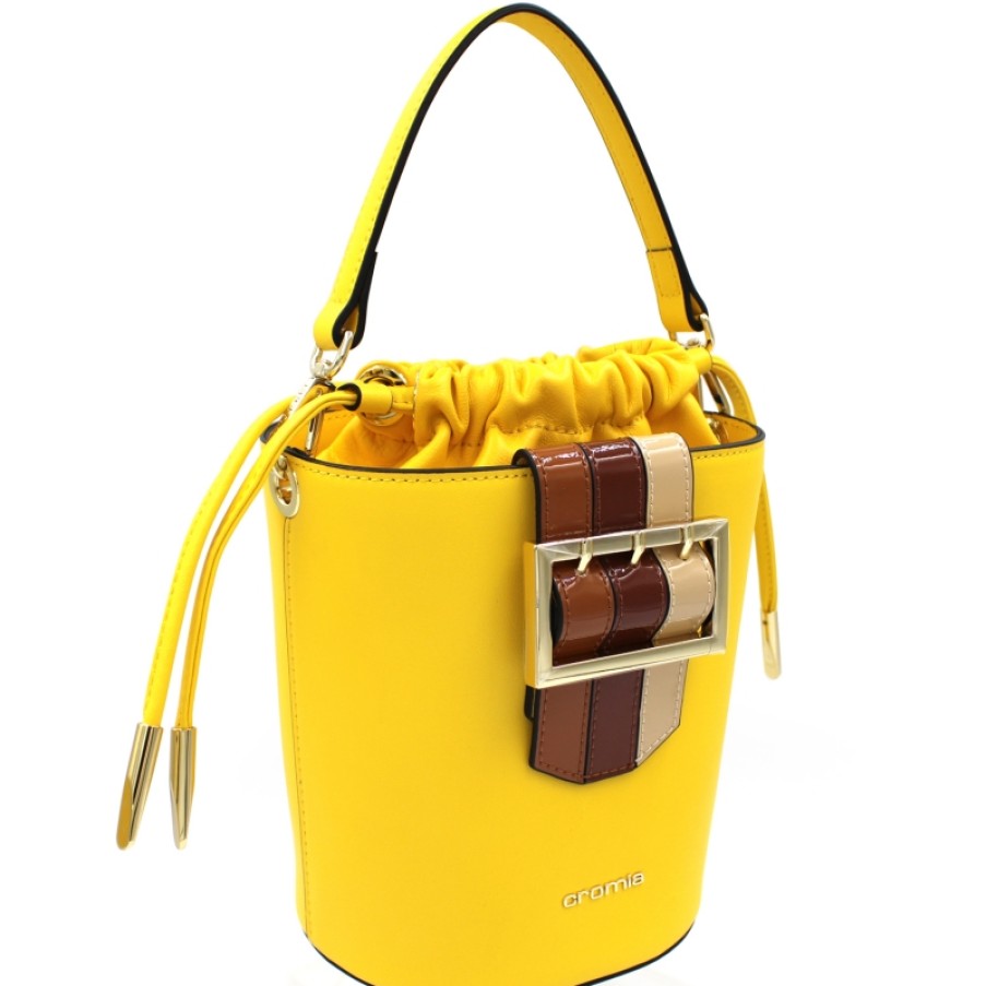 Sacs Pour Dames Cromie | Cromia Mini Sac Seau En Cuir Jaune Avec Boucle 8051978055785