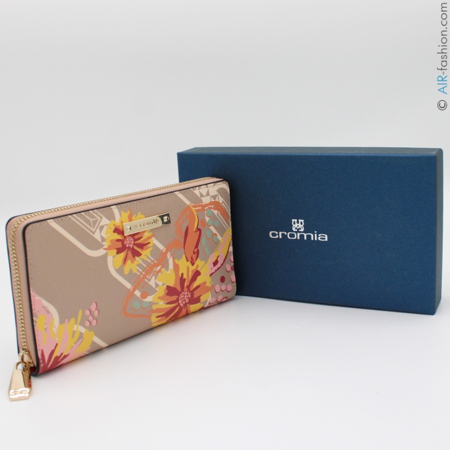 Accessoires Pour Dames Cromie | Portefeuille Multi-Poches Cromia En Cuir Beige Avec Motif Floral, Fabrique En Italie 2641301_Te