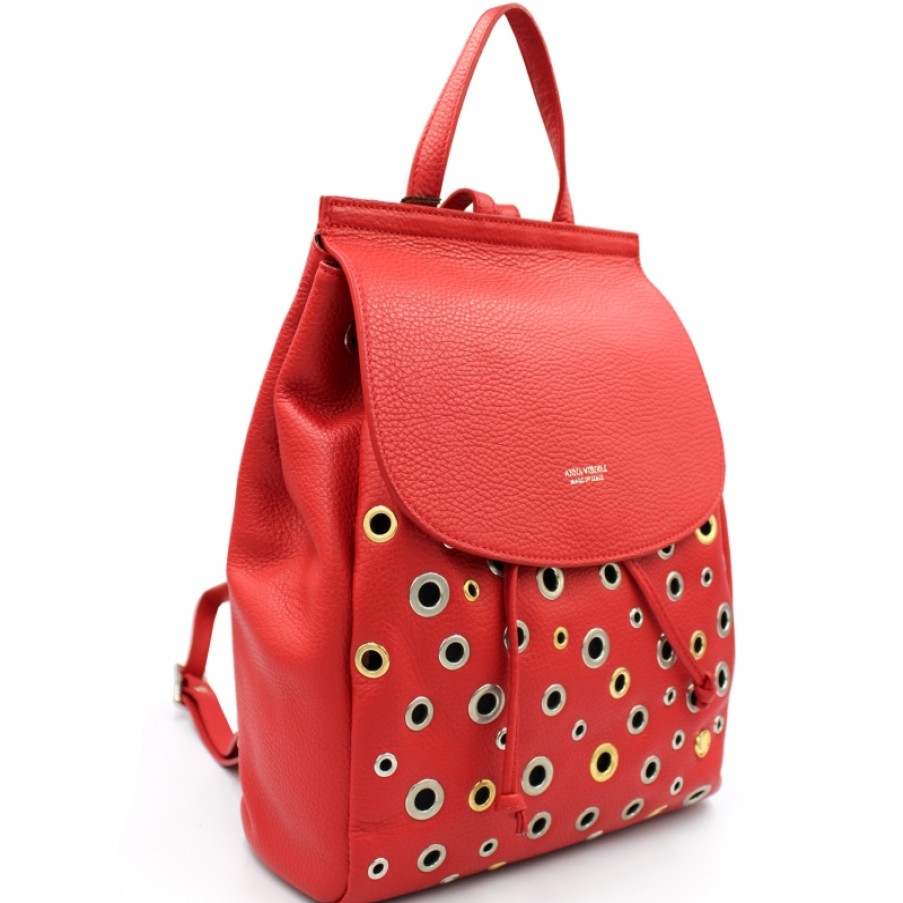 Sacs Pour Dames ANNA VIRGILE | Anna Virgili Sac A Dos A La Mode En Cuir Rouge Avec Anneaux En Metal Fabrique En Italie Acwbmarlrok