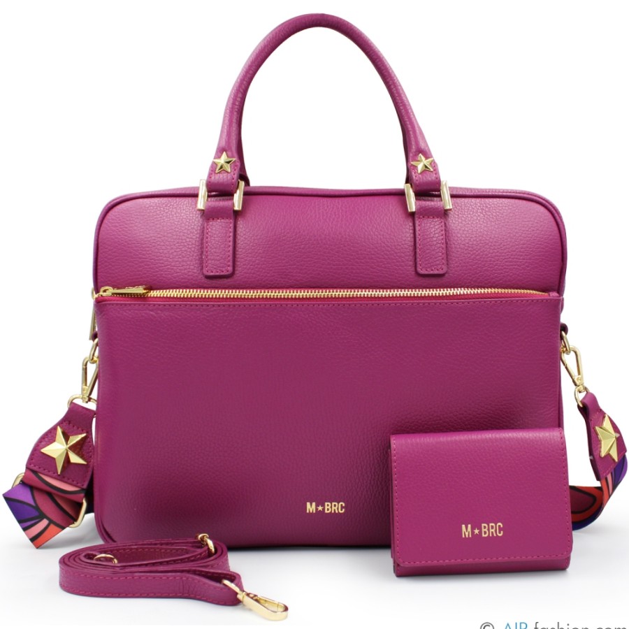 Sacs D'Affaires M*BRC | Sac Business + Portefeuille Pour Femme M*Brc En Cuir De Couleur Fuchsia, Fabrique En Italie F115