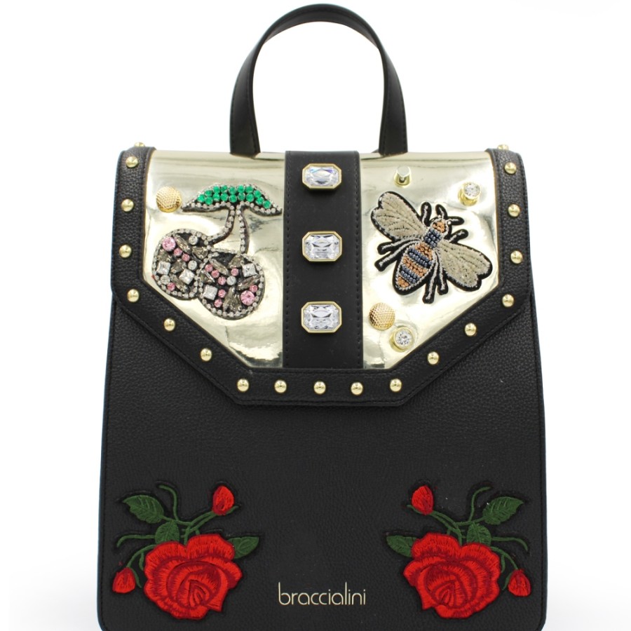 Sacs Pour Dames Braccialini | Braccialini Sac A Dos Noir Pour Femme Avec Appliques En Cristal Et Broderie B14503