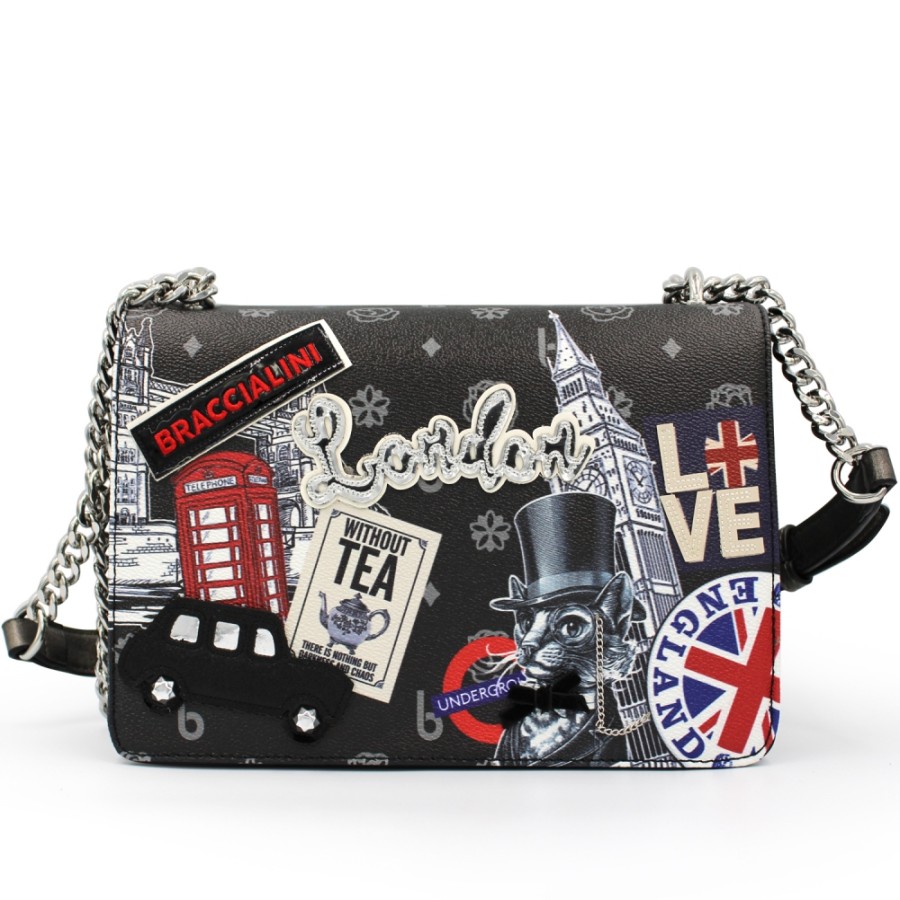 Sacs Pour Dames Braccialini | Sac A Bandouliere Noir Braccialini Avec Applique, Theme : Attractions Touristiques De Londres B16111