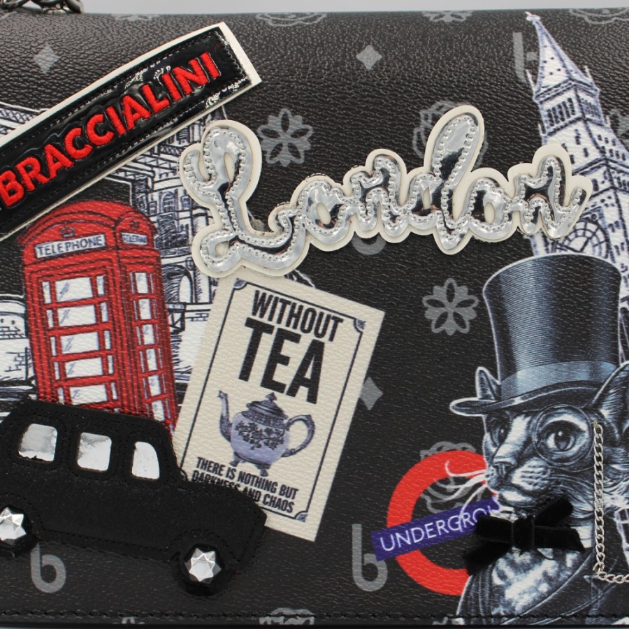 Sacs Pour Dames Braccialini | Sac A Bandouliere Noir Braccialini Avec Applique, Theme : Attractions Touristiques De Londres B16111