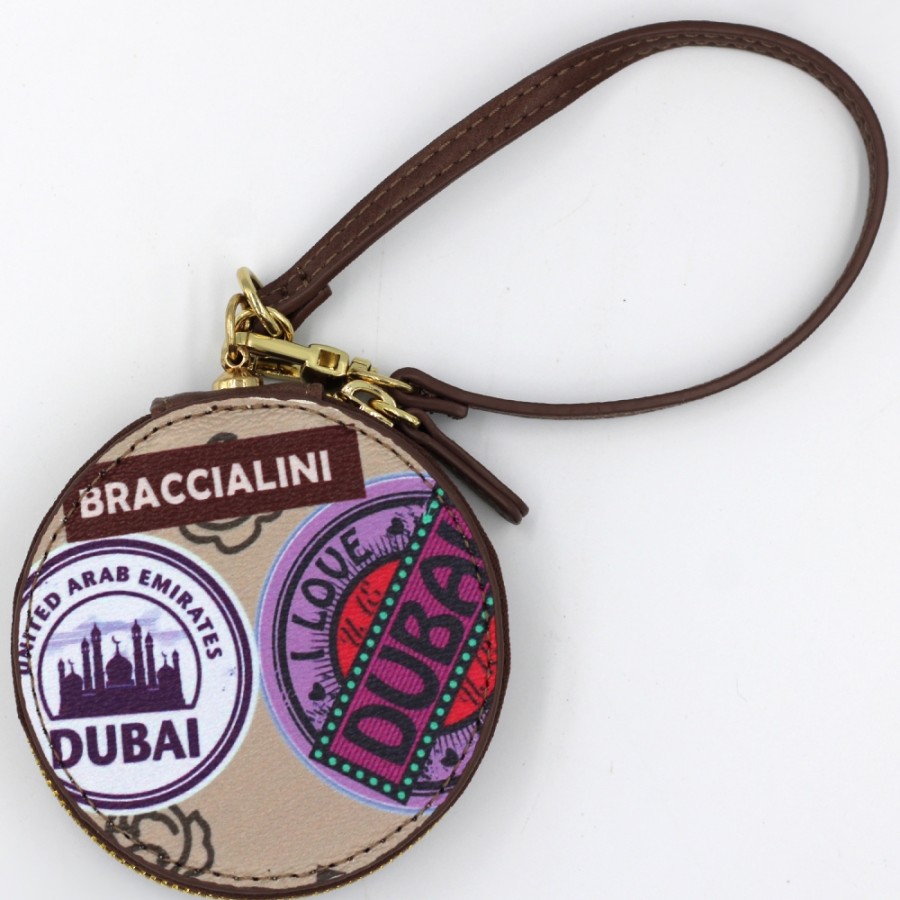 Accessoires Pour Dames Braccialini | Braccialini Porte-Monnaie Rond A Fermeture Eclair Beige Avec Illustrations Colorees De Dubai B16118-818