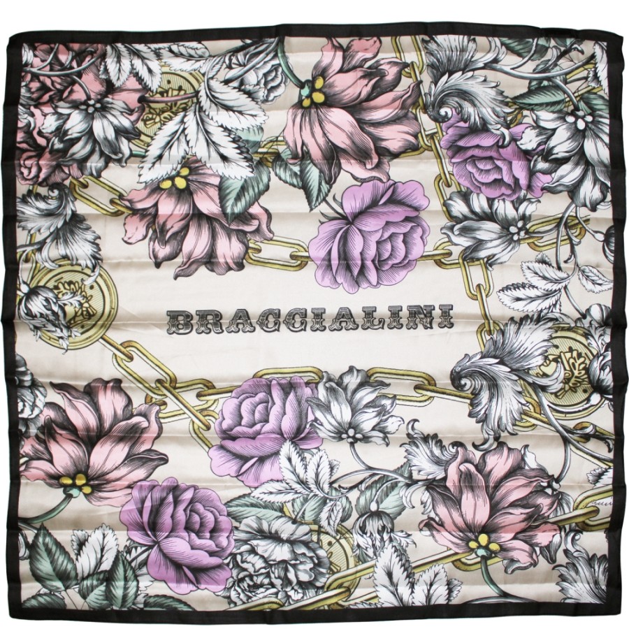 Vetements Assortis Pour Dames Pour Sacs Braccialini | Braccialini Chale Beige Femme Avec Roses Et Camelias, 90X90 Cm Bfr67