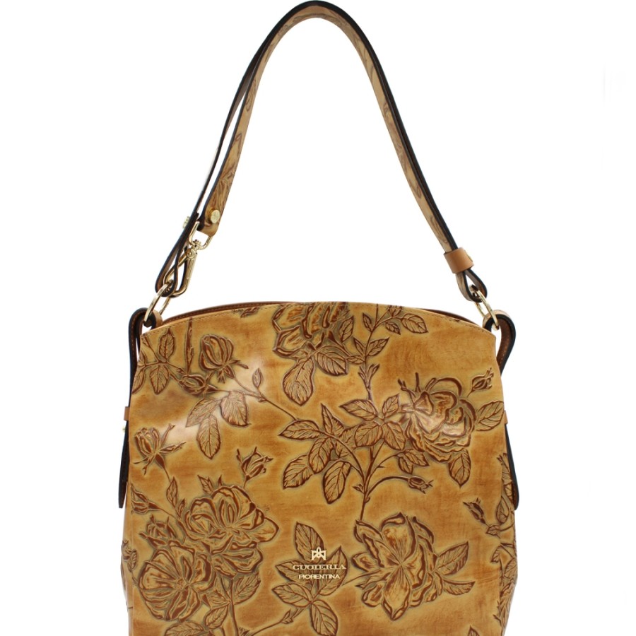 Sacs Pour Dames Cuoieria Fiorentina | Cuoieria Fiorentina Sac Hobo En Cuir Avec Roses En Relief, Couleur Ocre, Fabrique En Italie B000001651385-Beige