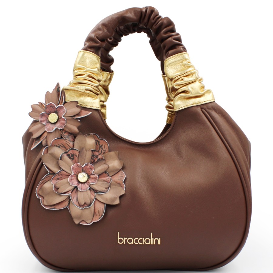 Sacs Pour Dames Braccialini | Sac Cartable En Cuir Marron Braccialini Avec Application De Fleurs En Cuir Faites A La Main B16962