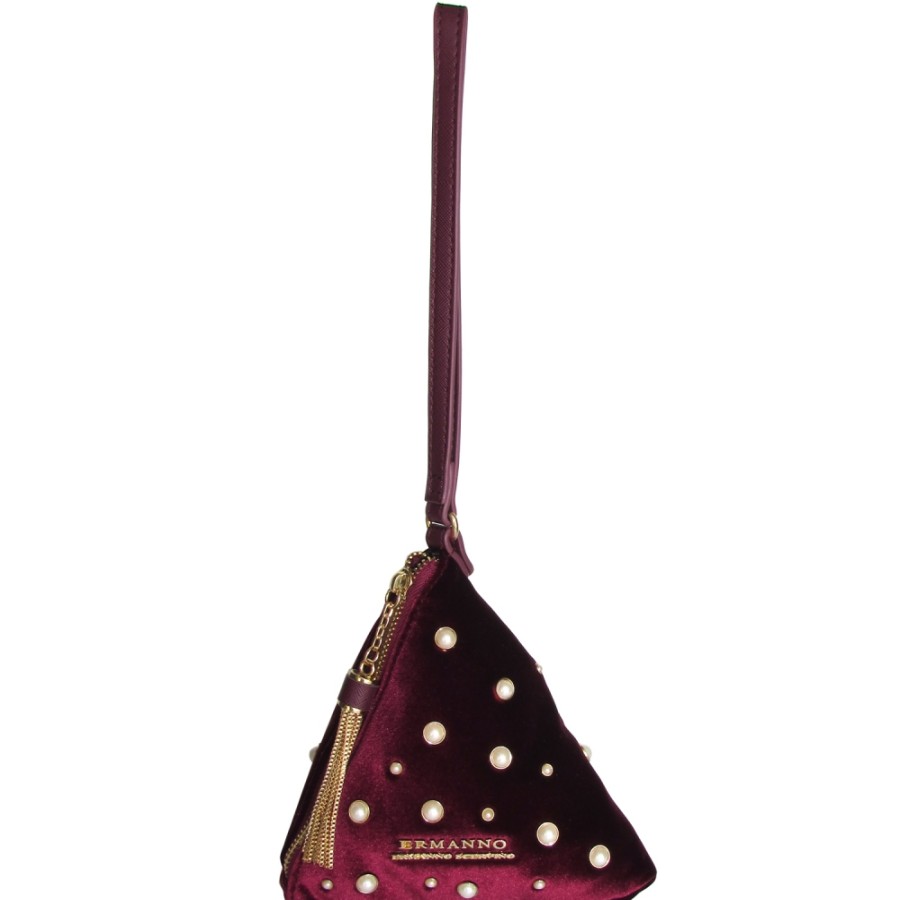 Sacs Pour Dames ERMANNO Ermanno Scervino | Ermanno Ermanno Scervino Sac A Bandouliere Pyramide En Velours Bordeaux Avec Applications De Perles 12400612Rouge