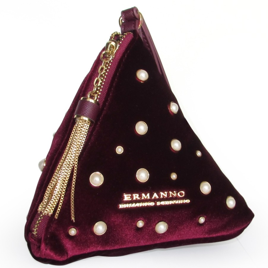 Sacs Pour Dames ERMANNO Ermanno Scervino | Ermanno Ermanno Scervino Sac A Bandouliere Pyramide En Velours Bordeaux Avec Applications De Perles 12400612Rouge