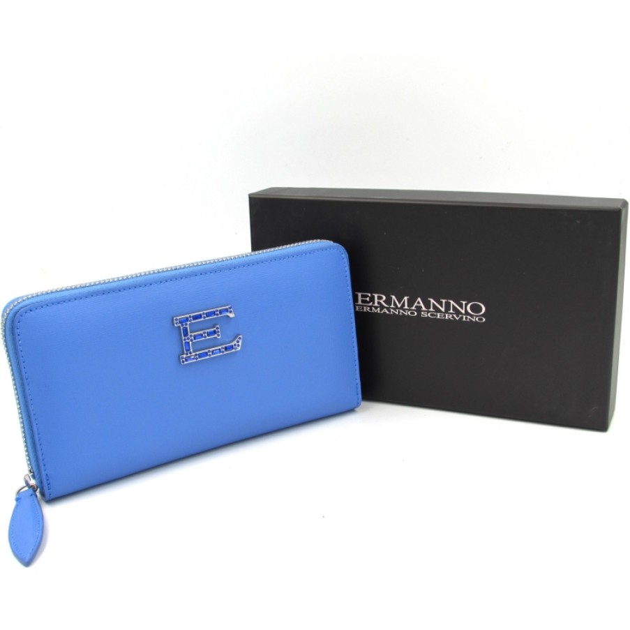 Accessoires Pour Dames ERMANNO Ermanno Scervino | Ermanno Ermanno Scervino Portefeuille Elegant En Cuir Bleu Pour Femme Fabrique En Italie 12600086