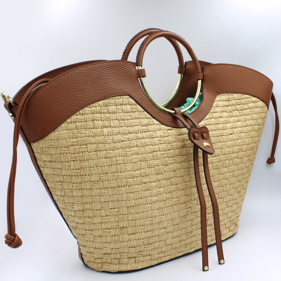 Sacs Pour Dames Cuoieria Fiorentina | Cuoieria Fiorentina Grand Sac En Paille Et Cuir Marron, Couleur Naturelle, Fabrique En Italie 5858006