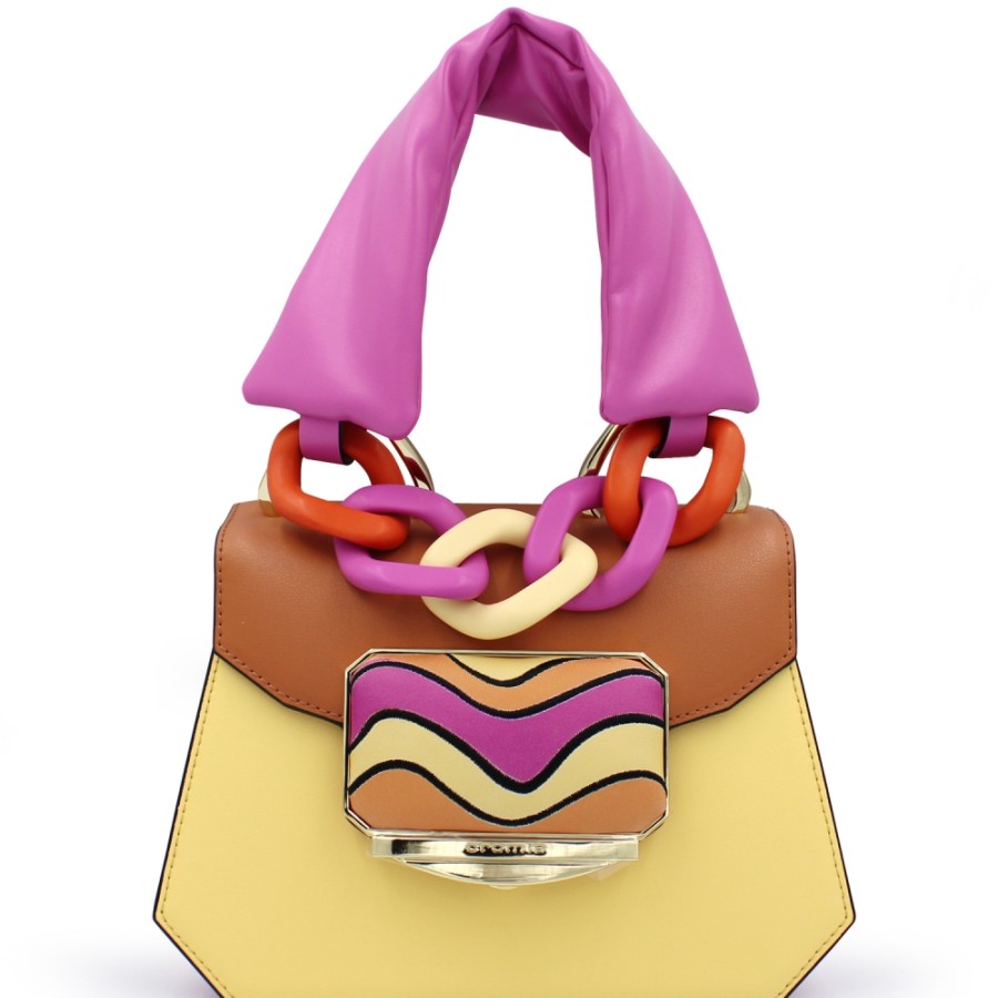 Sacs Pour Dames Cromie | Sac A Main En Cuir Cromia Dans Un Style Color-Blocking Beige-Jaune-Fuchsia, Fabrique En Italie 1405412-193