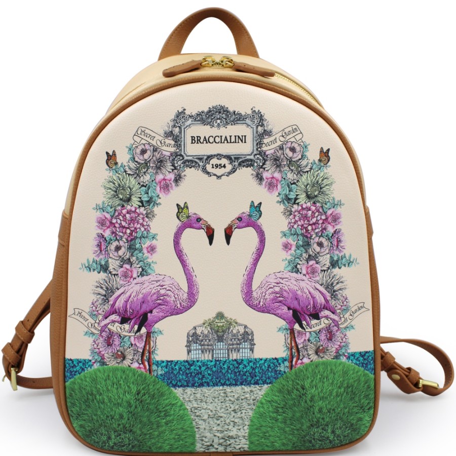 Sacs Pour Dames Braccialini | Sac A Dos Femme Braccialini Avec Fleurs Et Flamants Roses, Couleur Beige B14805