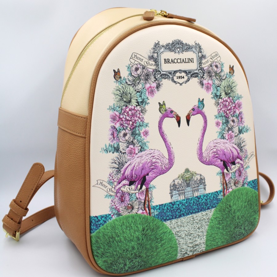 Sacs Pour Dames Braccialini | Sac A Dos Femme Braccialini Avec Fleurs Et Flamants Roses, Couleur Beige B14805